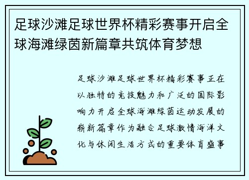 足球沙滩足球世界杯精彩赛事开启全球海滩绿茵新篇章共筑体育梦想